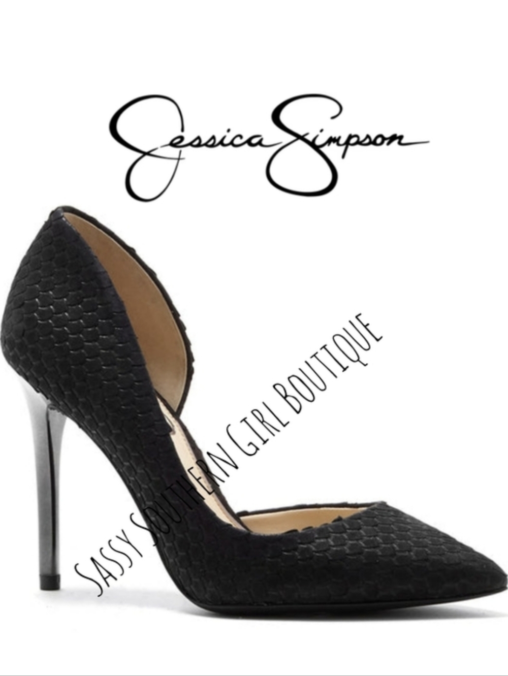 🆕⭐ Jessica Simpson black embossed snakeskin leather stiletto